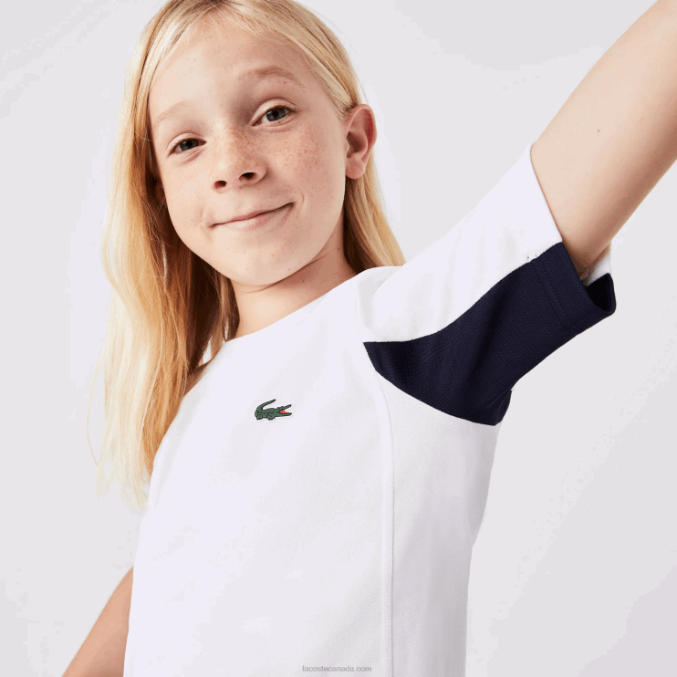 Kids Lacoste V0ZN3154 White Navy Blue White Y2U SPORT Color-Block Tennis T-Shirt - Image 7