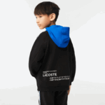 Kids Lacoste V0ZN3205 Black Blue 985 Kangaroo Pocket Hooded Sweatshirt - Image 3