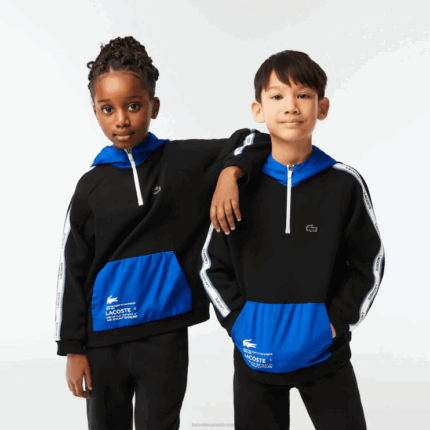 Kids Lacoste V0ZN3205 Black Blue 985 Kangaroo Pocket Hooded Sweatshirt