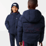 Kids Lacoste V0ZN3221 Navy Blue Red 7PE Crocodile Embroidery Hooded Taffeta Jacket