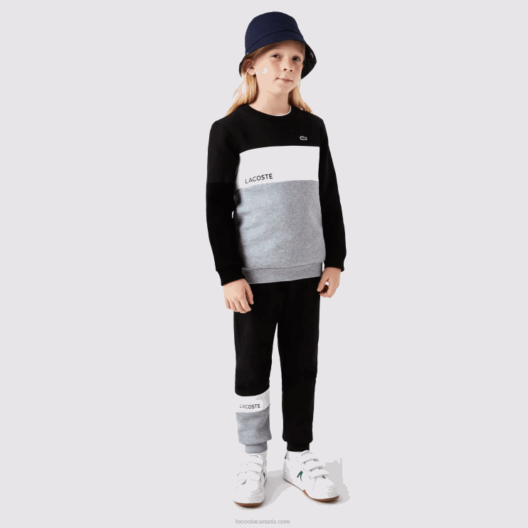 Kids Lacoste V0ZN3236 Black White Grey Chine NUA Branded Crew Neck Sweatshirt - Image 1
