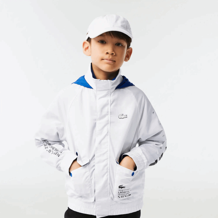 Kids Lacoste V0ZN3240 White Blue Black 9CW Removable Hood Water-Repellent Jacket - Image 2