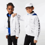 Kids Lacoste V0ZN3240 White Blue Black 9CW Removable Hood Water-Repellent Jacket