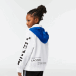Kids Lacoste V0ZN3240 White Blue Black 9CW Removable Hood Water-Repellent Jacket - Image 3