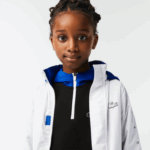 Kids Lacoste V0ZN3240 White Blue Black 9CW Removable Hood Water-Repellent Jacket - Image 4