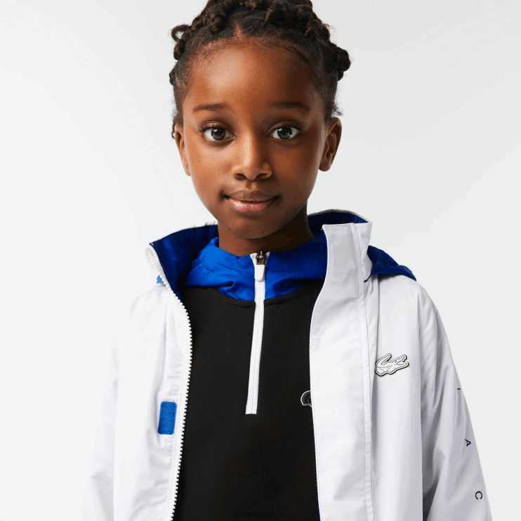 Kids Lacoste V0ZN3240 White Blue Black 9CW Removable Hood Water-Repellent Jacket - Image 4