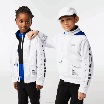 Kids Lacoste V0ZN3240 White Blue Black 9CW Removable Hood Water-Repellent Jacket