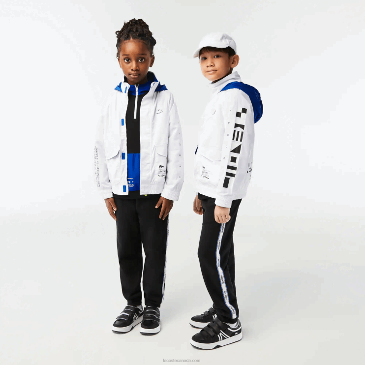 Kids Lacoste V0ZN3240 White Blue Black 9CW Removable Hood Water-Repellent Jacket - Image 7