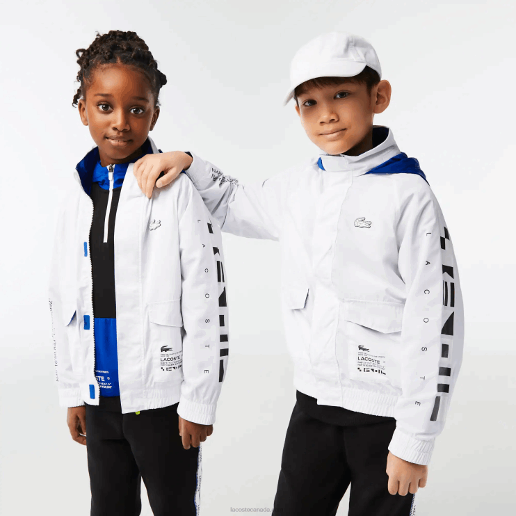 Kids Lacoste V0ZN3240 White Blue Black 9CW Removable Hood Water-Repellent Jacket - Image 1