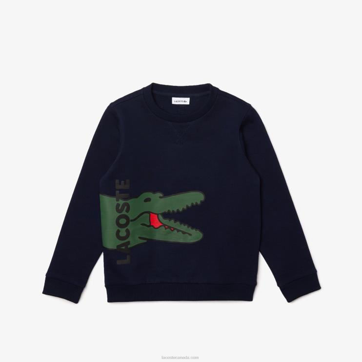 Kids Lacoste V0ZN3245 Navy Blue White QRN Crocodile Print Fleece Sweatshirt - Image 1