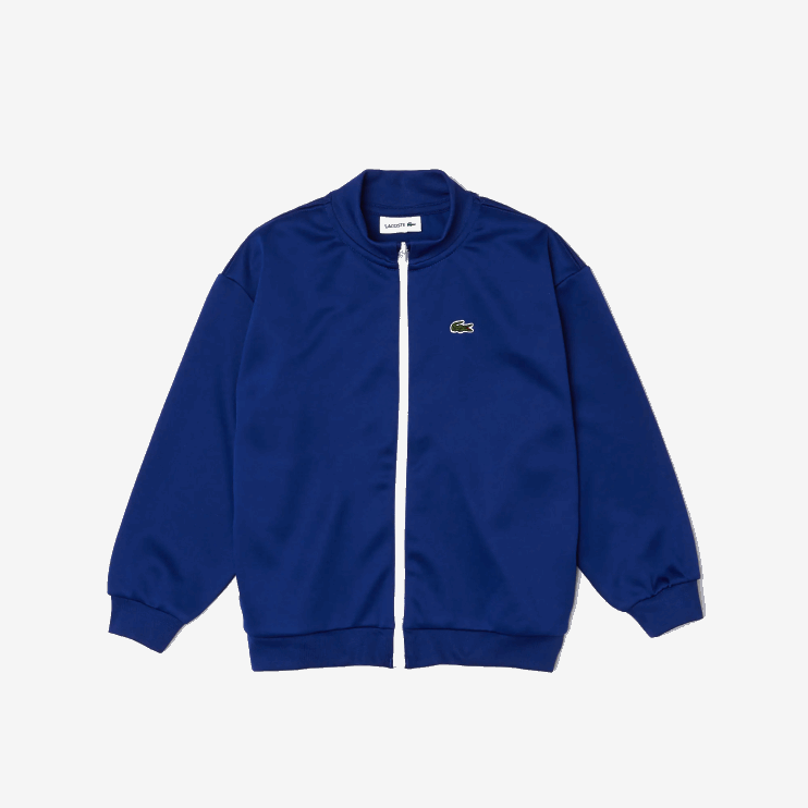 Kids Lacoste V0ZN3249 Blue White EMJ Heritage Branded Stand-Up Collar Zippered Fleece Jacket - Image 1