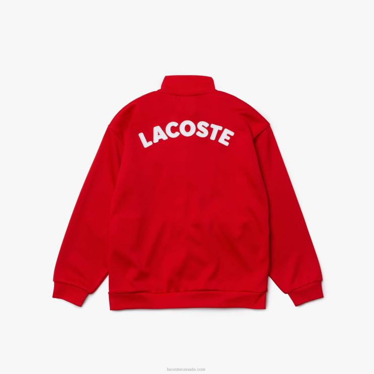 Kids Lacoste V0ZN3250 Red White C9U Heritage Branded Stand-Up Collar Zippered Fleece Jacket - Image 2