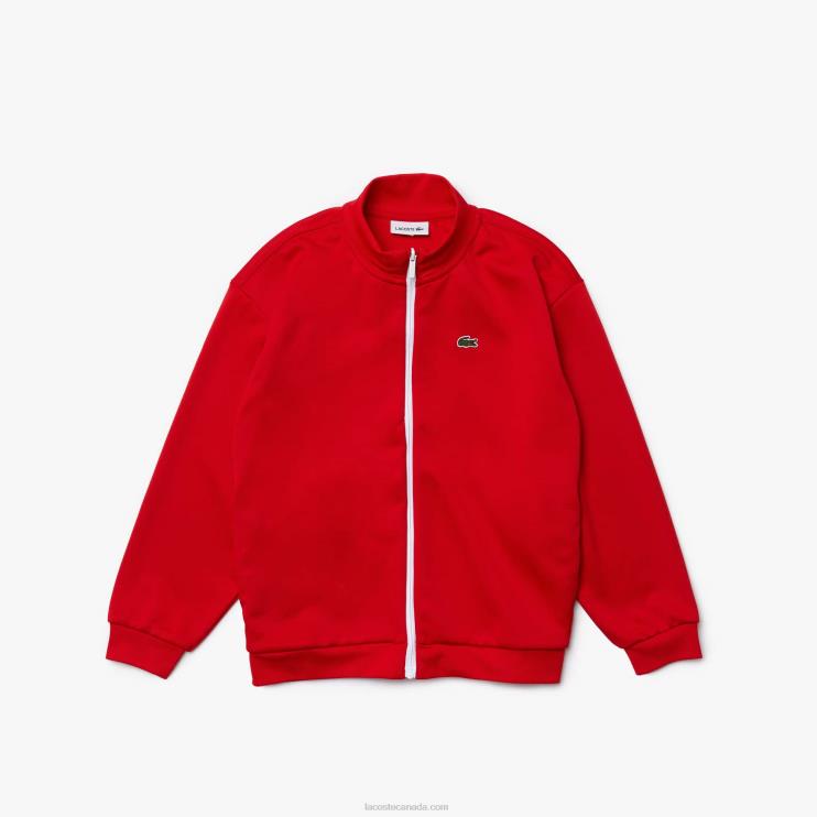 Kids Lacoste V0ZN3250 Red White C9U Heritage Branded Stand-Up Collar Zippered Fleece Jacket - Image 1