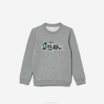 Kids Lacoste V0ZN3255 Grey Chine White Green JND Heritage Crocodile Crew Neck Cotton Fleece Sweatshirt