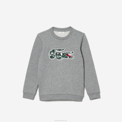 Kids Lacoste V0ZN3255 Grey Chine White Green JND Heritage Crocodile Crew Neck Cotton Fleece Sweatshirt