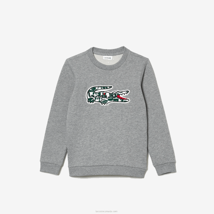 Kids Lacoste V0ZN3255 Grey Chine White Green JND Heritage Crocodile Crew Neck Cotton Fleece Sweatshirt - Image 1