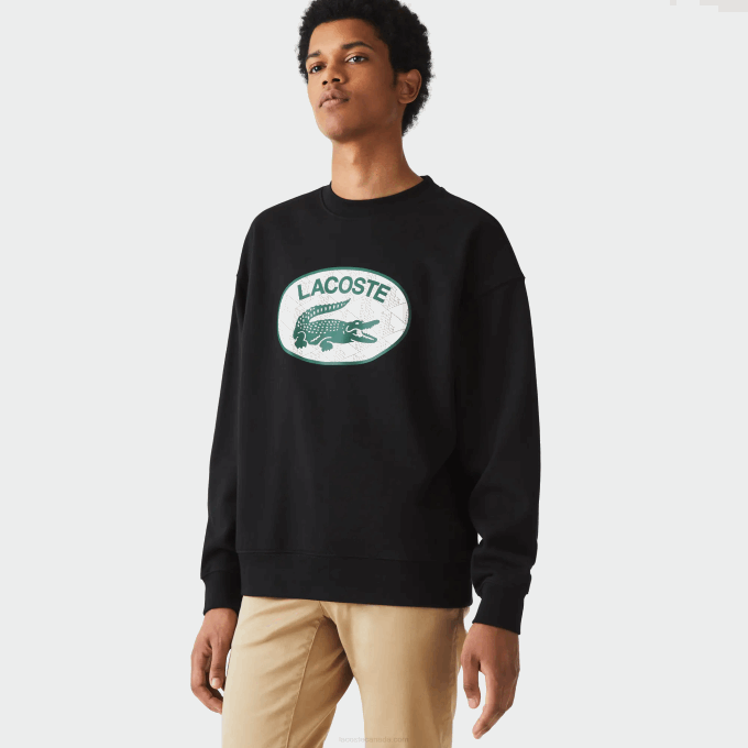 Men Lacoste V0ZN1010 Black 031 Loose Fit Branded Monogram Print Sweatshirt - Image 1