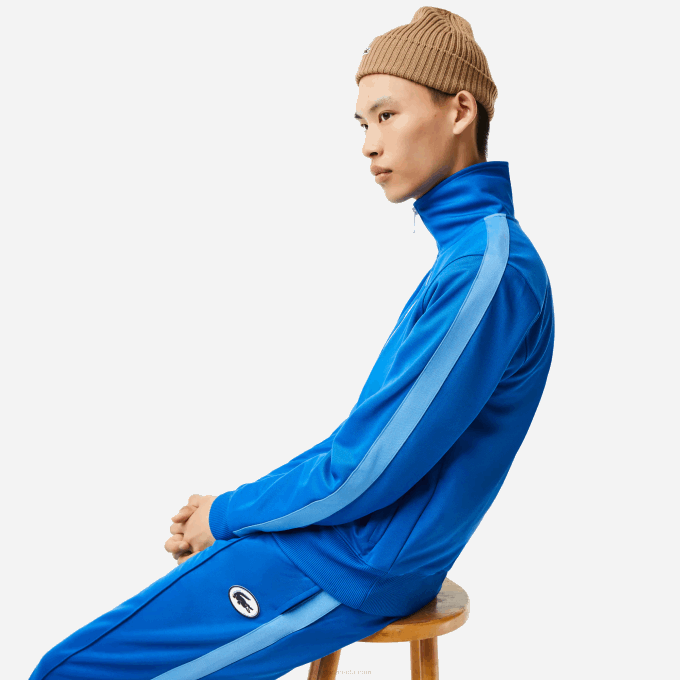 Men Lacoste V0ZN1017 Blue K1Q Regular Fit High-Neck Pique Zip Sweatshirt - Image 5