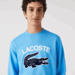 Men Lacoste V0ZN1031 Blue 4XA Crocodile Print Crew Neck Sweatshirt - Image 2