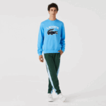Men Lacoste V0ZN1031 Blue 4XA Crocodile Print Crew Neck Sweatshirt