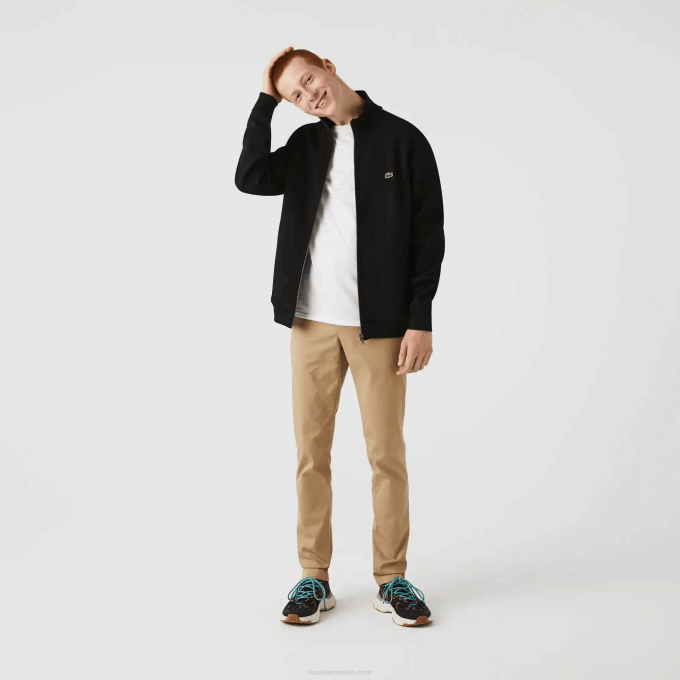 Men Lacoste V0ZN1034 Black 031 Zippered Stand-Up Collar Pique Fleece Jacket - Image 1