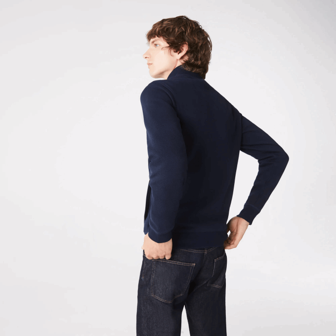 Men Lacoste V0ZN1035 Navy Blue 166 Zippered Stand-Up Collar Pique Fleece Jacket - Image 3