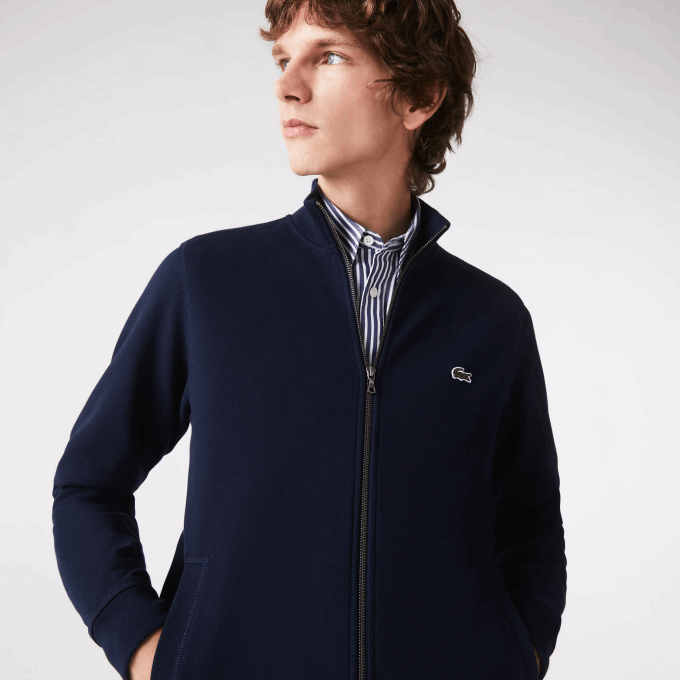 Men Lacoste V0ZN1035 Navy Blue 166 Zippered Stand-Up Collar Pique Fleece Jacket - Image 1