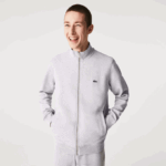 Men Lacoste V0ZN1036 Grey Chine CCA Zippered Stand-Up Collar Pique Fleece Jacket - Image 2