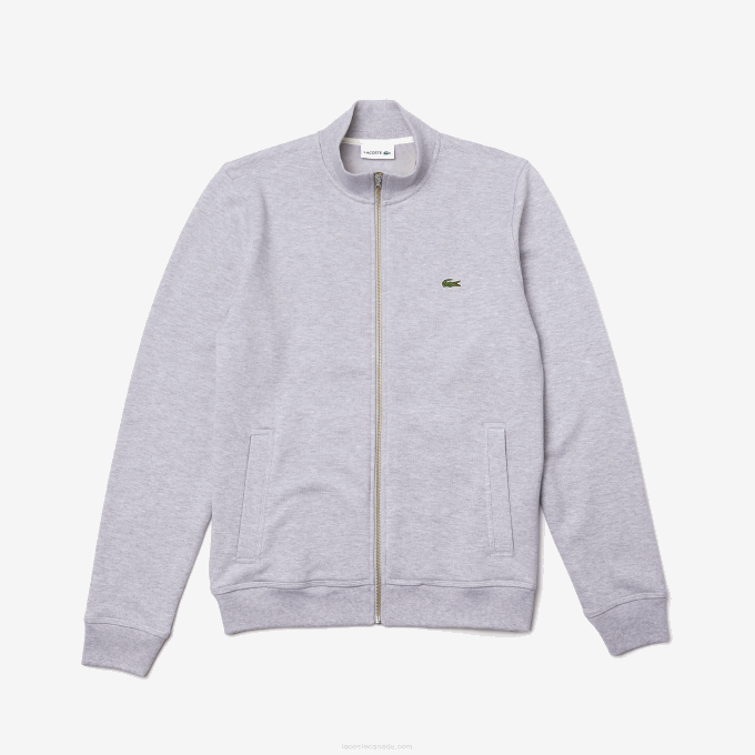 Men Lacoste V0ZN1036 Grey Chine CCA Zippered Stand-Up Collar Pique Fleece Jacket - Image 5