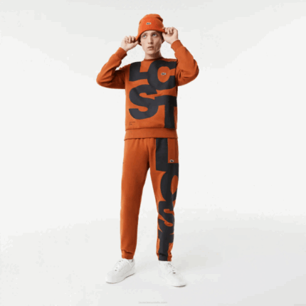 Men Lacoste V0ZN1037 Brown 3PB Contrast Lettering Cotton Trackpants