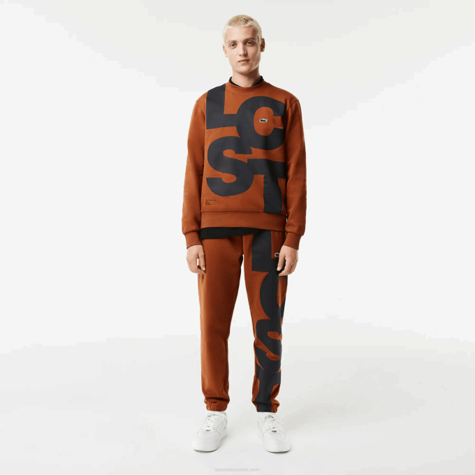 Men Lacoste V0ZN1040 Brown 3PB Classic Fit Contrast Lettering Cotton Sweatshirt - Image 2