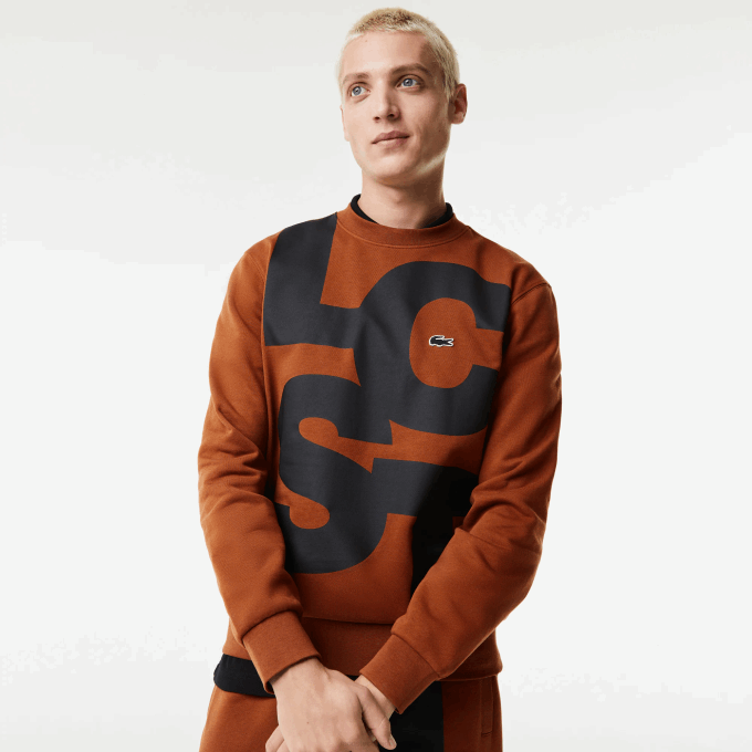 Men Lacoste V0ZN1040 Brown 3PB Classic Fit Contrast Lettering Cotton Sweatshirt - Image 1