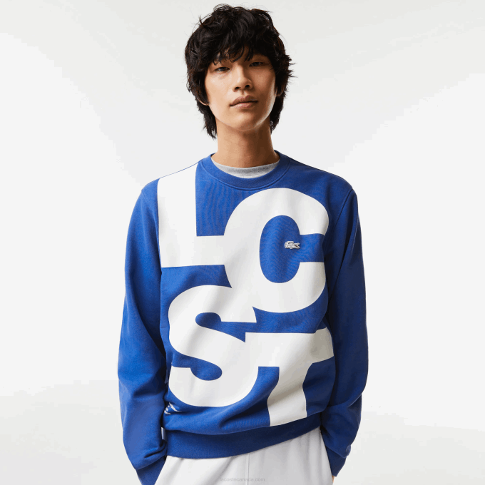 Men Lacoste V0ZN1042 Blue K1Q Classic Fit Contrast Lettering Cotton Sweatshirt - Image 1