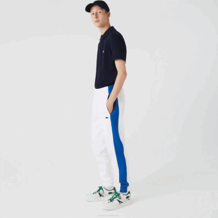 Men Lacoste V0ZN1060 White Blue LMQ Contrast Bands Trackpants