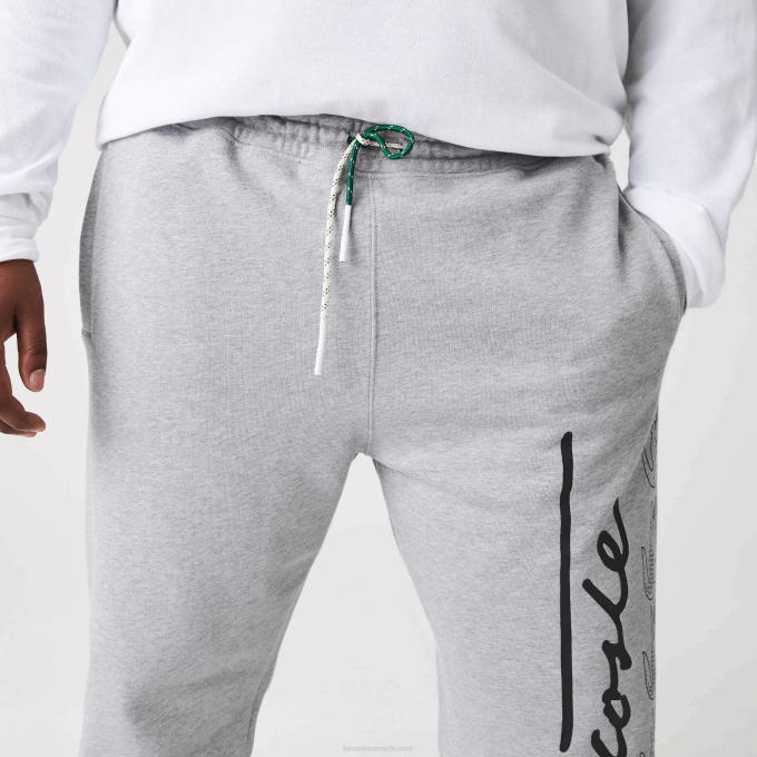 Men Lacoste V0ZN1065 Grey Chine 4JV Signature And Crocodile Print Cotton Fleece Jogging Pants - Image 11