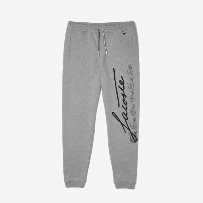 Men Lacoste V0ZN1065 Grey Chine 4JV Signature And Crocodile Print Cotton Fleece Jogging Pants - Image 6