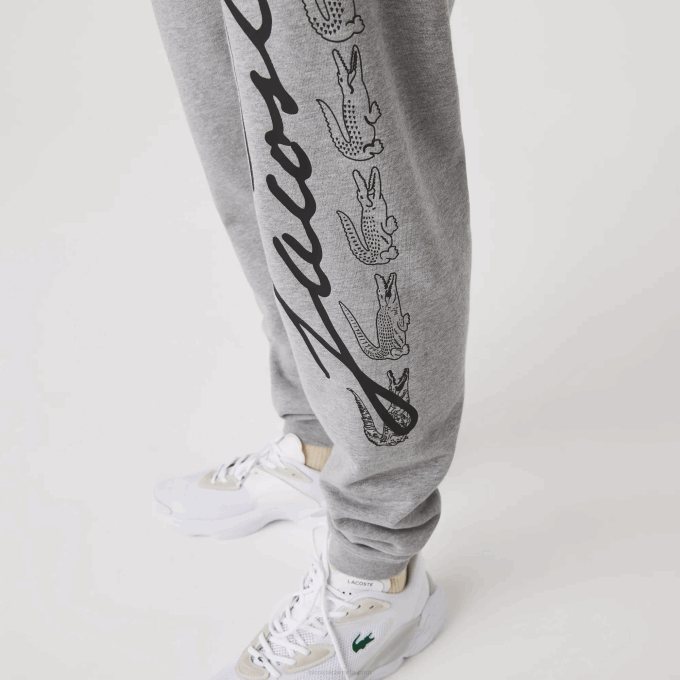 Men Lacoste V0ZN1065 Grey Chine 4JV Signature And Crocodile Print Cotton Fleece Jogging Pants - Image 9