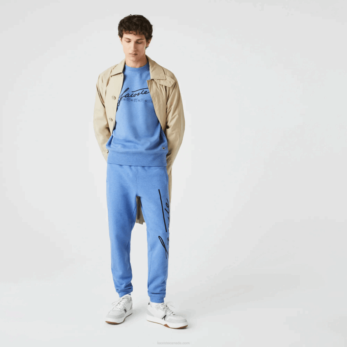 Men Lacoste V0ZN1067 Blue Chine HG3 Signature And Crocodile Print Cotton Fleece Jogging Pants - Image 2
