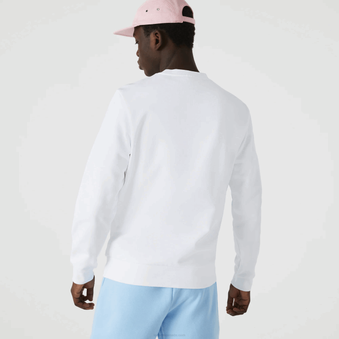 Men Lacoste V0ZN1075 White 001 Crew Neck Print Organic Cotton Fleece Sweatshirt - Image 3