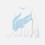 Men Lacoste V0ZN1075 White 001 Crew Neck Print Organic Cotton Fleece Sweatshirt - Image 5