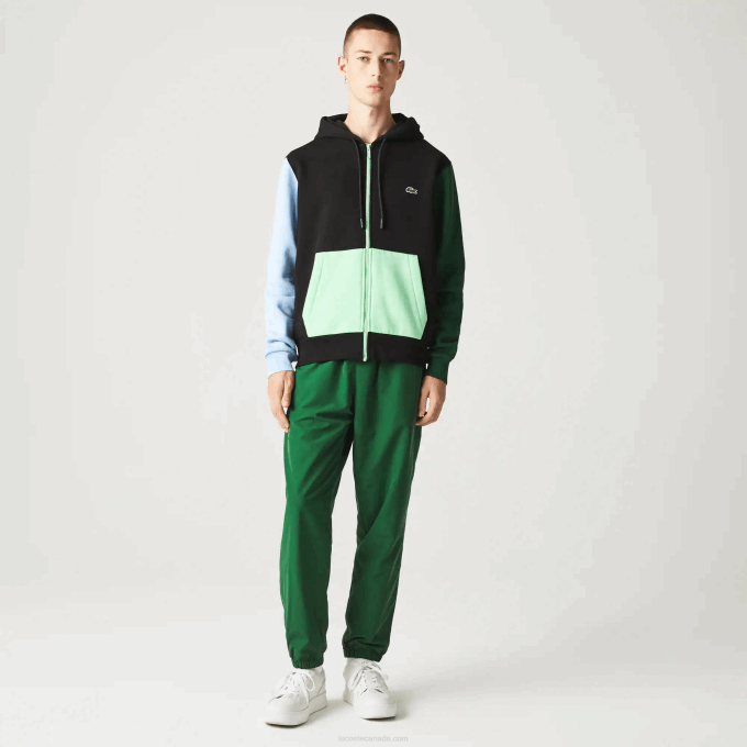 Men Lacoste V0ZN1081 Black Blue Green UEH Classic Fit Color-Block Hooded Zip Sweatshirt - Image 2