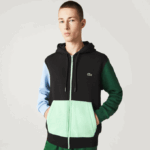 Men Lacoste V0ZN1081 Black Blue Green UEH Classic Fit Color-Block Hooded Zip Sweatshirt