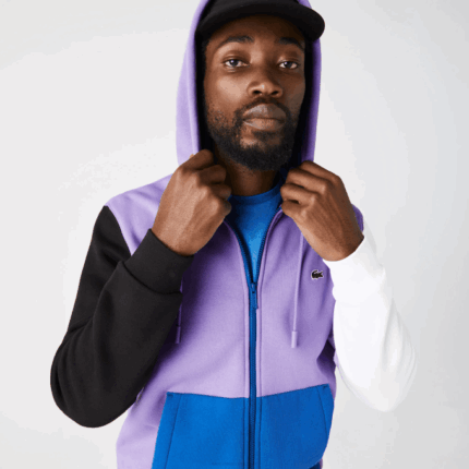 Men Lacoste V0ZN1082 Purple Black White Blue 896 Classic Fit Color-Block Hooded Zip Sweatshirt