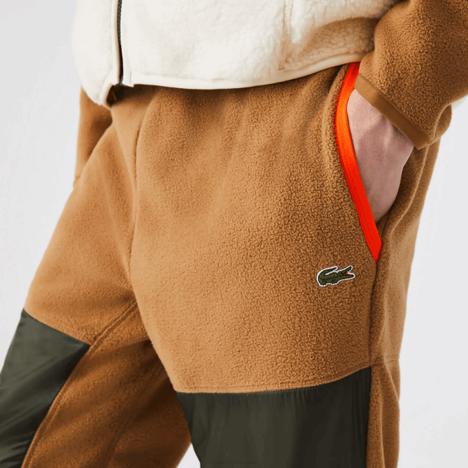 Men Lacoste V0ZN1083 Brown Khaki Green 89F Colorblock Polar Fleece Trackpants - Image 4
