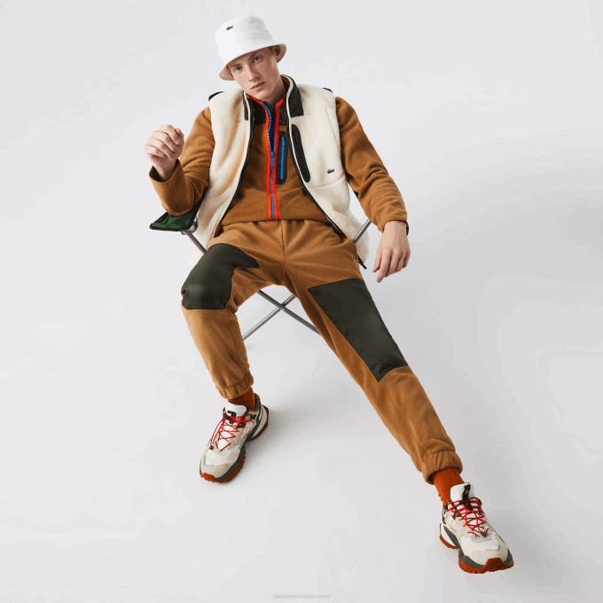 Men Lacoste V0ZN1083 Brown Khaki Green 89F Colorblock Polar Fleece Trackpants - Image 1