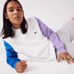 Men Lacoste V0ZN1098 White Blue Purple 89S Brushed Fleece Sweatshirt