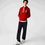 Men Lacoste V0ZN1101 Red 5SX Pennants L Badge Hooded Cotton Fleece Sweatshirt - Image 2