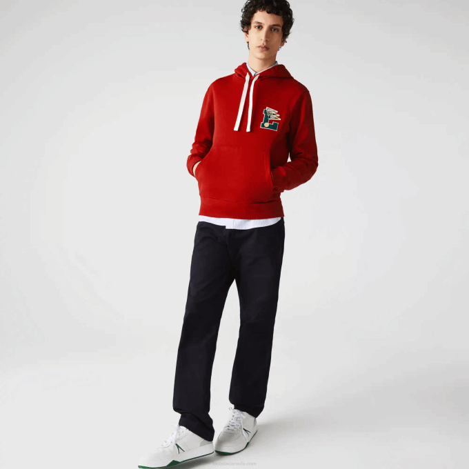 Men Lacoste V0ZN1101 Red 5SX Pennants L Badge Hooded Cotton Fleece Sweatshirt - Image 2