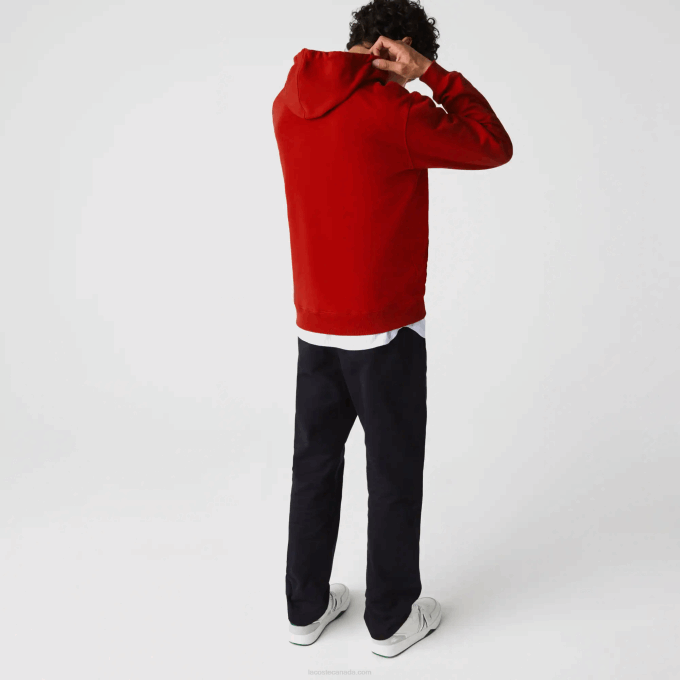 Men Lacoste V0ZN1101 Red 5SX Pennants L Badge Hooded Cotton Fleece Sweatshirt - Image 3