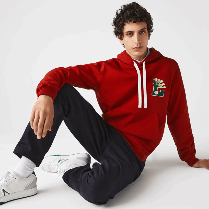 Men Lacoste V0ZN1101 Red 5SX Pennants L Badge Hooded Cotton Fleece Sweatshirt - Image 1